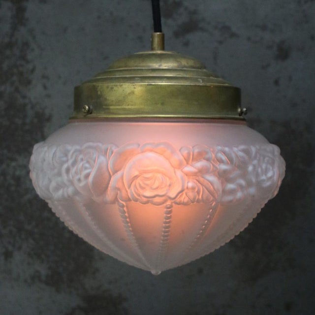 Vintage Industrial Frosted Glass and Brass Pendant Lamp For Sale - Image 4 of 9
