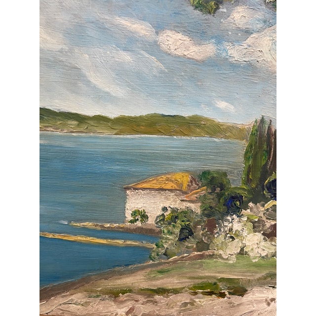 Vintage Coastal Landscape Painting in Impressionist Style, Framed Seascape With Sailboat - Unknown Artist For Sale - Image 9 of 10
