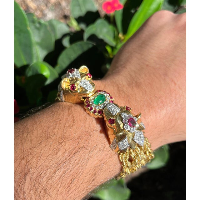 18K Gold & Platinum Double Lion Head Multi Rope Chain Emerald & Ruby Bracelet For Sale - Image 10 of 10