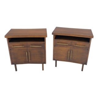Pair of Walnut Solid Brass Pulls Mid-Century Modern Nightstands Cabinets MINT! For Sale