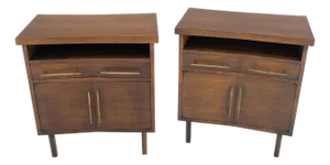 Pair of Walnut Solid Brass Pulls Mid-Century Modern Nightstands Cabinets MINT!