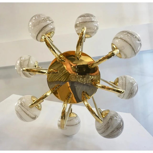 Metal Bespoke Italian Alabaster White Murano Glass Brass Curved Globe Chandelier For Sale - Image 7 of 12