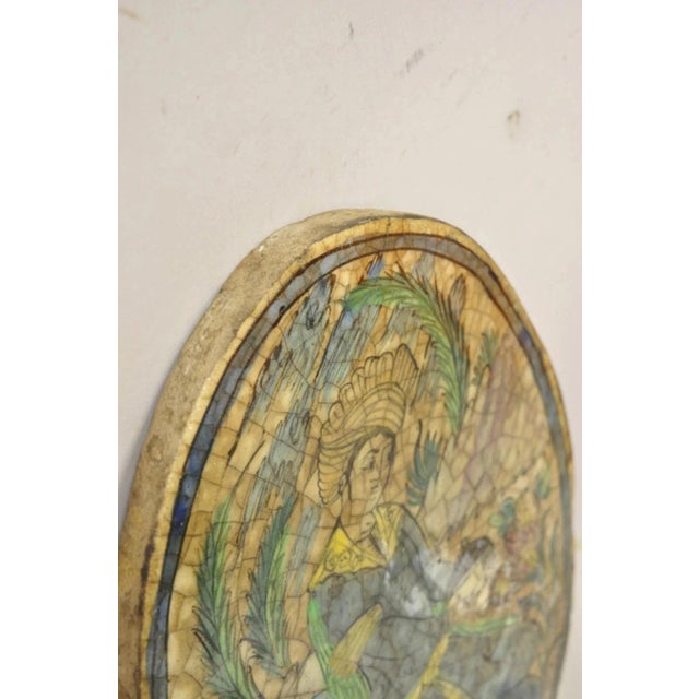 Ceramic Antique Persian Iznik Qajar Style Ceramic Pottery Oval Tile Kneeling Woman C3 For Sale - Image 7 of 11
