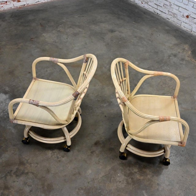 Late 20th Century Coastal Tropical Island Style Cerused Reeded Rattan Rolling & Swivel Chairs a Pair For Sale - Image 6 of 12