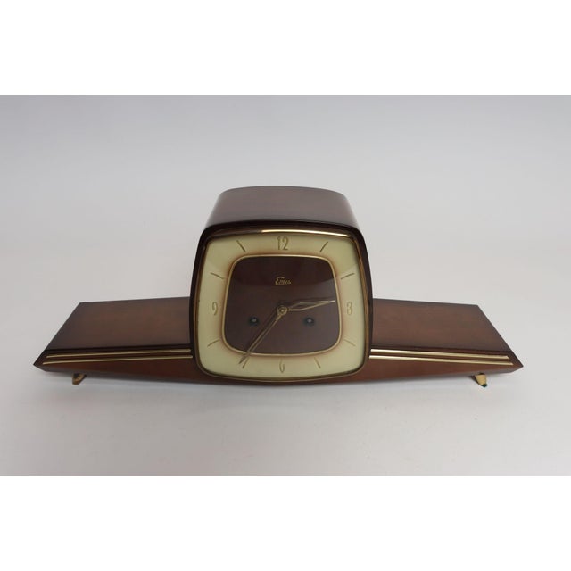 Art Deco German Art Deco Mahogany and Brass Mantle Clock With Key by Emes For Sale - Image 3 of 18