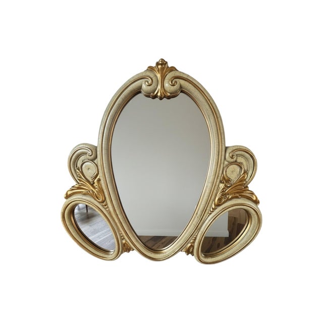 Hollywood Regency Vintage Large Hollywood Regency Italian Syroco Style Resin Triple Wall Mirror Gold Gilt For Sale - Image 3 of 10