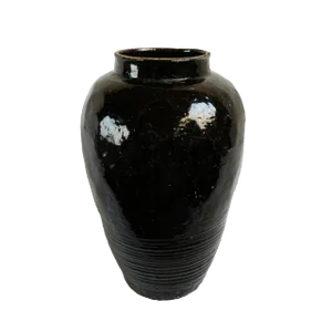 Vintage Black Ceramic Asian Village Vase