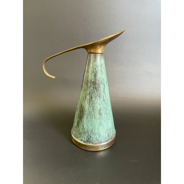 Mid-Century Modern Mid Century Modern Israel Brass Verdigris Enamel Cone Shaped Jug - Pitcher For Sale - Image 3 of 11
