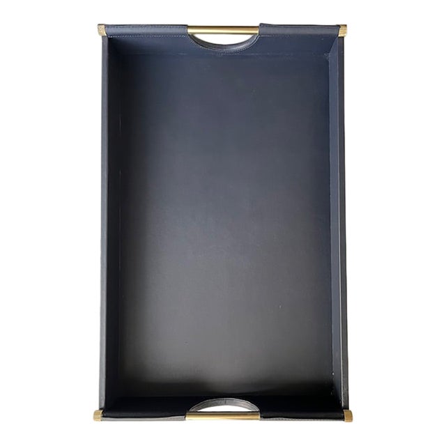 Ralph Lauren Leather Tray, Smooth Calf Leather, Polished Brass Handles, Navy, Brand New For Sale