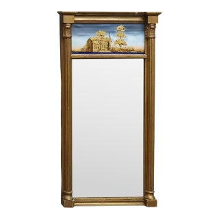 Antique Giltwood Eglomise Wall Mirror, Reverse Painted Countryside Church, C1 For Sale
