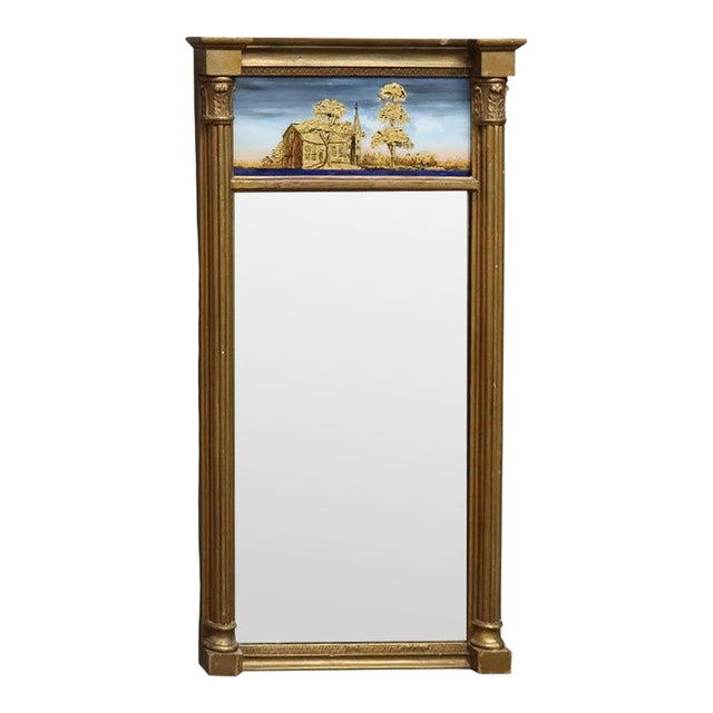 Antique Giltwood Eglomise Wall Mirror, Reverse Painted Countryside Church, C1 For Sale