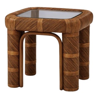 Ursula Side Table in Stained Rattan and Tempered Glass by Popus Editions For Sale