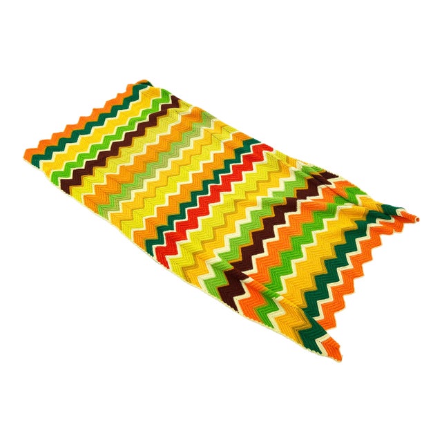 1970's Hand Made Colorful Retro Zig Zag Blanket Throw For Sale