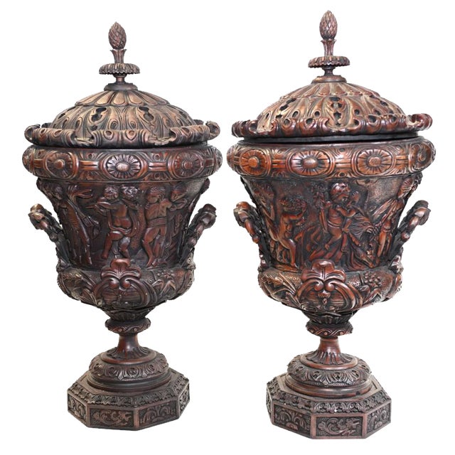 Italian Monumental Carved Urns, Set of 2 For Sale