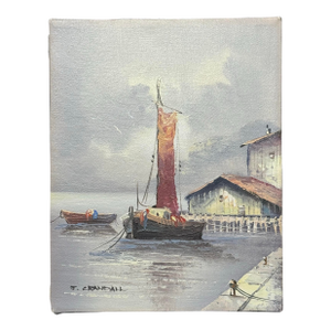 Vintage Traditional Harbor Seascape Original Oil Painting in Slate Gray, Terra Cotta, Lavender