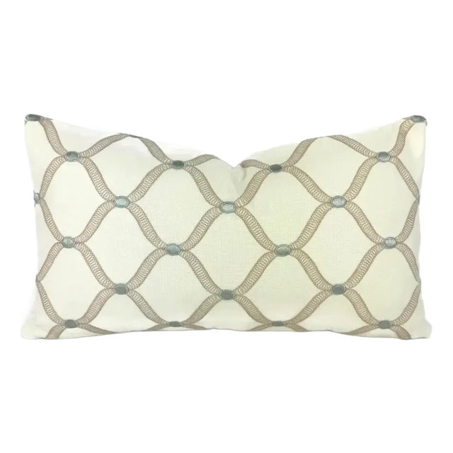 Stout Ferry in Opal Lumbar Pillow Cover - Cream With Tan and Blue Embroidered Trellis Cushion Case For Sale