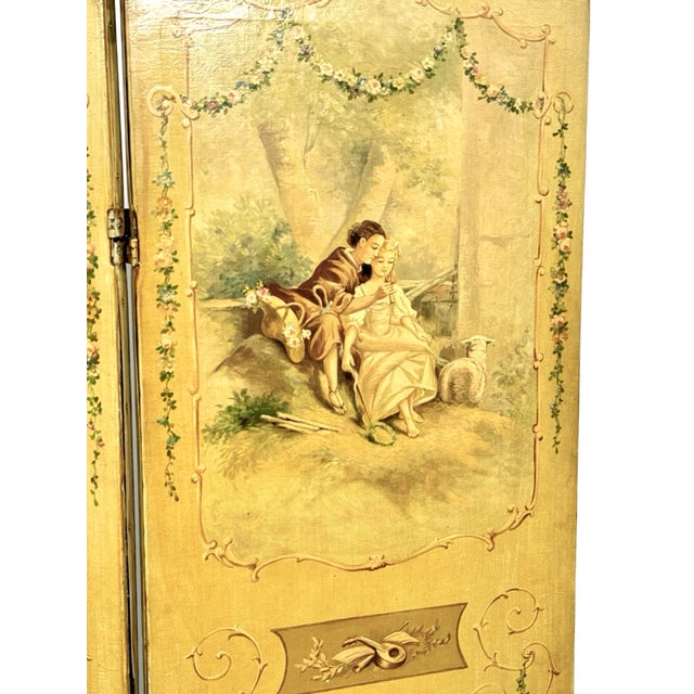 Antique French Louis XV Hand-Painted Canvas Three-Panel Screen / Room Divider For Sale In Chicago - Image 6 of 10