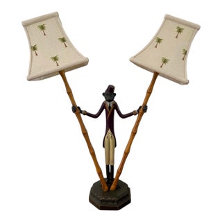 Vintage Bellhop Monkey Bamboo Table Lamp For Sale