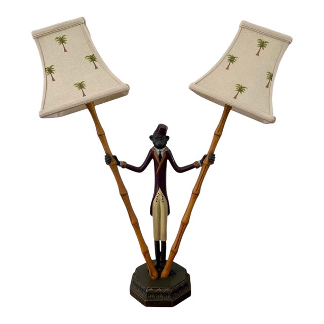 Vintage Bellhop Monkey Bamboo Table Lamp For Sale