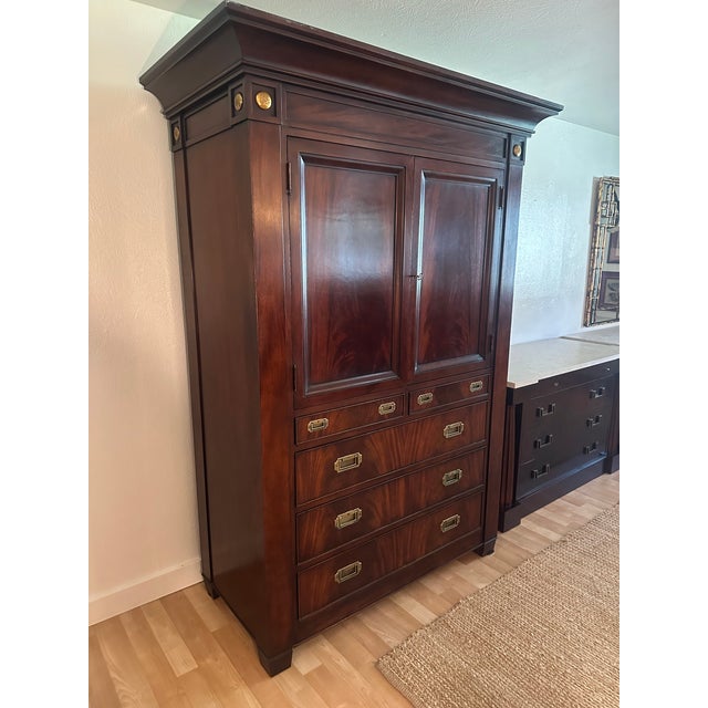 Wood Late 20th Century Polo Ralph Lauren Mahogany Armoire With Brass Campaign Hardware For Sale - Image 7 of 9