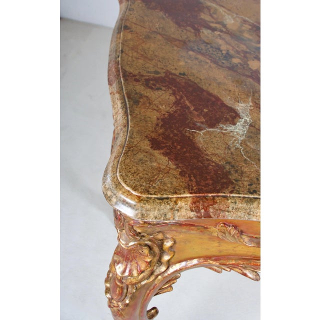 Pair of Painted and Gilded Consoles, Faux Marble Top, Haute Hollywood For Sale - Image 9 of 12