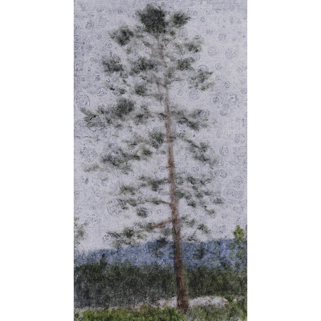 This artwork presents a solitary tree, its slender trunk rising against a softly textured backdrop that evokes a sense of...