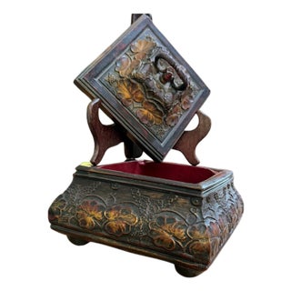 Vintage Style Carved Floral Jewelry Box Red Velvet Lined Footed Trinket Chest For Sale