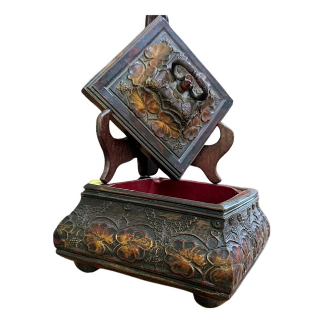 Vintage Style Carved Floral Jewelry Box Red Velvet Lined Footed Trinket Chest For Sale