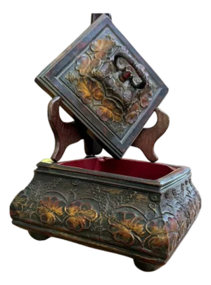 Vintage Style Carved Floral Jewelry Box Red Velvet Lined Footed Trinket Chest