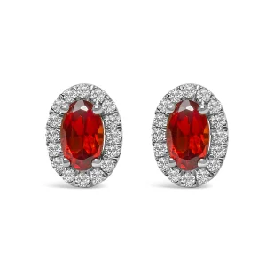 10K White Gold 5x3 MM Oval Red Garnet and Diamond Halo Stud Earrings (I-J Color, I1-I2 Clarity)