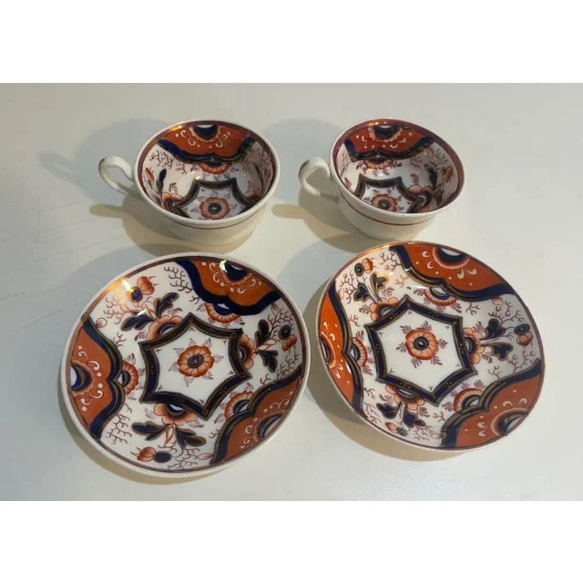 2 Antique Gaudy Welsh Tea Cups and Saucers - Burnt Orange Blue White Porcelain - Matching Pair For Sale - Image 4 of 5