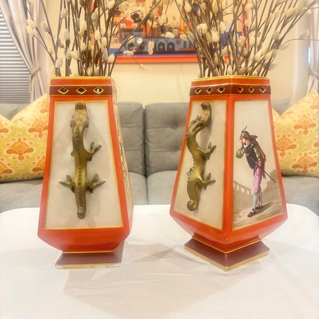 Art Nouveau Pair Squared Tapered Vases Cachepots With Pierced Edges and Gilt Dragon Handles, Austrian, Hand Painted, 20th C For Sale - Image 3 of 5