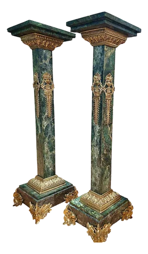 Pair of Empire Style Verde Antico Marble and Gilt Bronze Pedestals