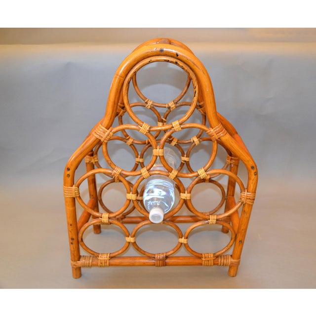 Vintage boho chic handcrafted bamboo and rattan nine bottle wine rack, wine storage, wine basket. The wine caddy, basket...