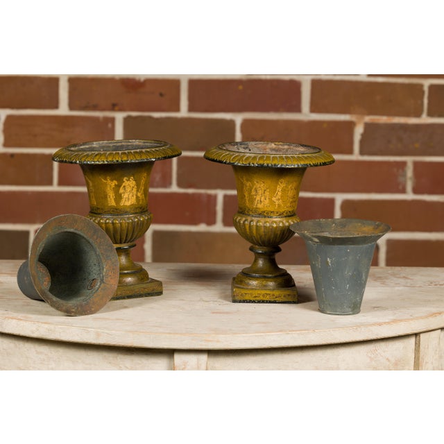 Metal Early 20th Century Pair of Neoclassical Style Iron Planters with Liners and Mythological Figures For Sale - Image 7 of 12