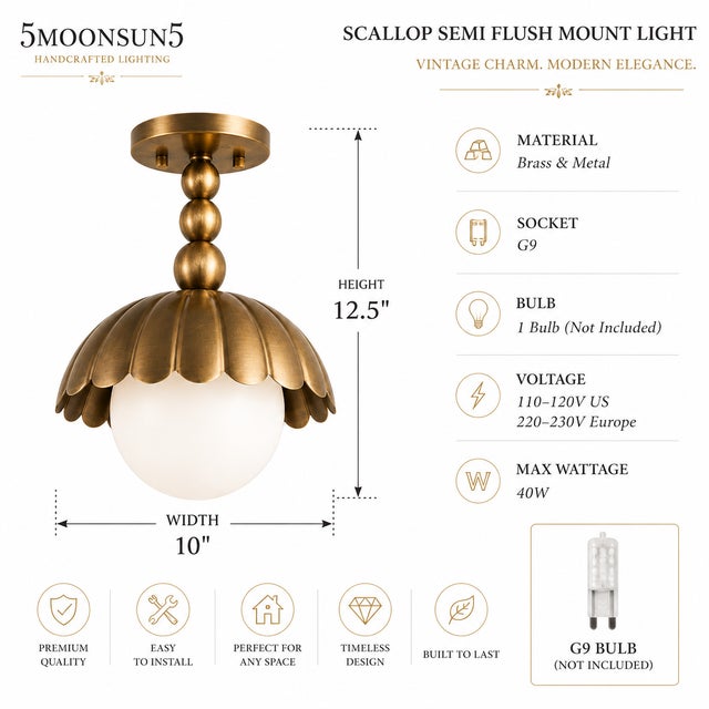 Art Deco Handmade Brass Flush Mount Light, Antique Brass Flower Ceiling Light, Milk Glass Scalloped Brass Ceiling Lamp for Entryway Bedroom Kitchen For Sale - Image 3 of 11