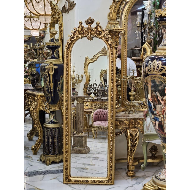 2020s Grand French Louis XV Floor Mirror With Cherub Crest & Gold Leaf Frame For Sale - Image 5 of 7