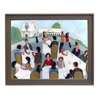 Paris Rooftop Vintage Mid Century Modern Panoramic Figurative Landscape Oil Painting For Sale