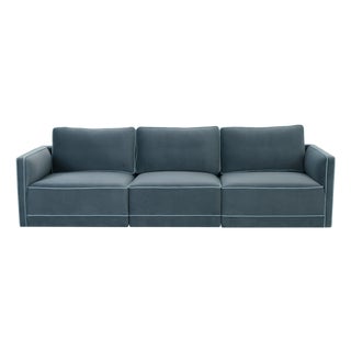 Willow Misty Blue with Pale Blue Piping Modular Performance Velvet Sofa For Sale