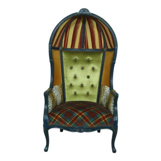 Mackenzie Childs Upholstered Hooded Porters Chair For Sale