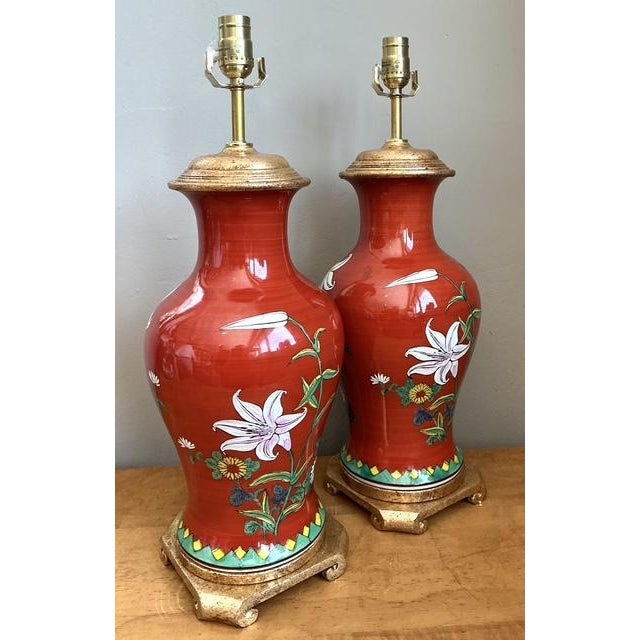 Vintage Hand Painted Glazed Ceramic Lamps - A Pair For Sale - Image 9 of 12