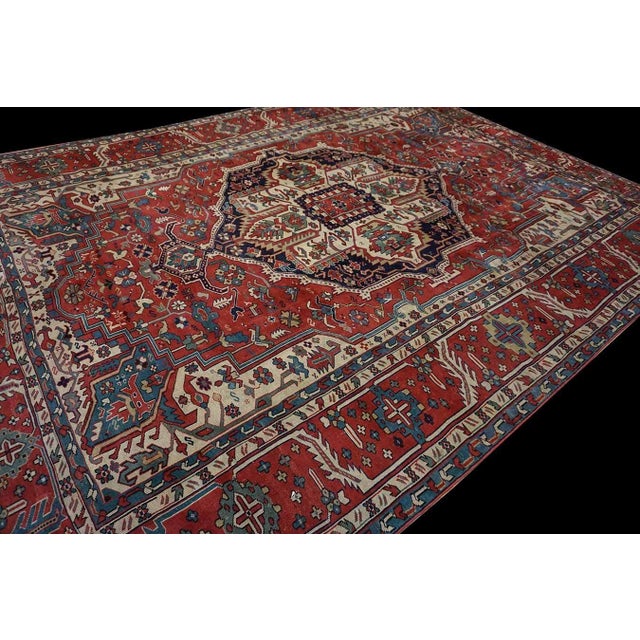 Late 19th Century 1890s Red Rust Medallion Antique Persian Serapi Rug 12'3" X 15'10" Handknotted Wool Carpet For Sale - Image 5 of 6