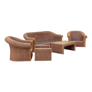1970s Michael Taylor Style Henry Link Rattan Wicker Living Room Set – 5 Pieces For Sale
