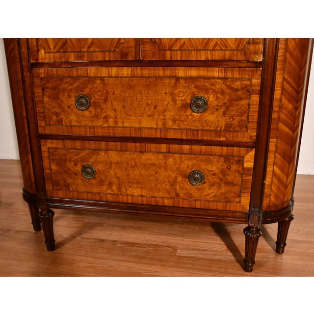 1900 - 1909 1900 Antique French Louis XVI Satinwood & Burl Walnut Marble Top Dresser For Sale - Image 5 of 13