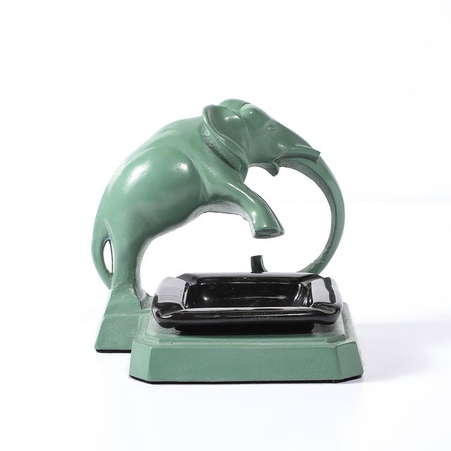 Green Art Deco Green Enamel & Black Ceramic Sculptural Elephant Ash Tray Signed Nuart For Sale - Image 8 of 13