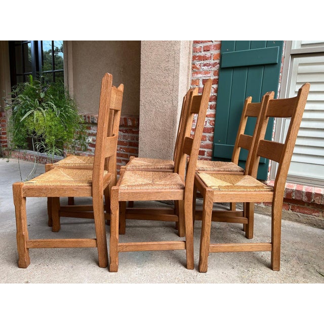 Wood Set 6 Vintage French Ladder Back Dining Chairs Rush Seat Oak Country Farmhouse For Sale - Image 7 of 18