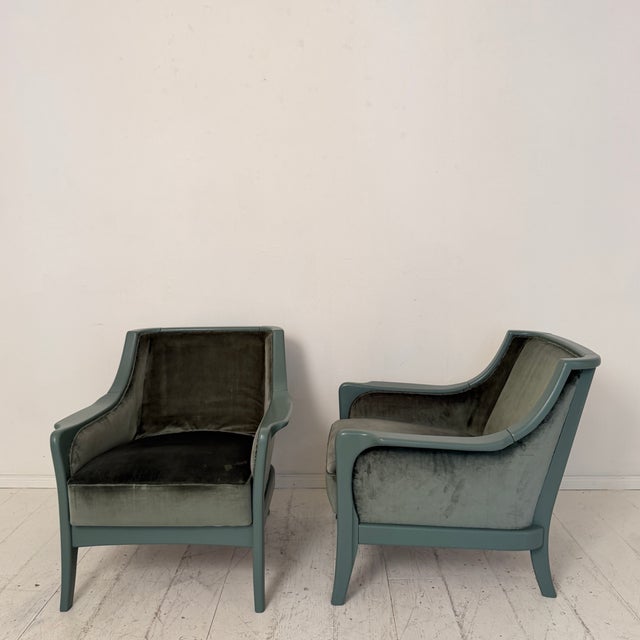 1950s Mid-Century Modern French Lounge Chairs in Green Velvet and Lacquered Wood, 1950, Set of 2 For Sale - Image 5 of 17