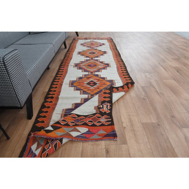1970s 1970s Vintage Turkish Handmade Wool Cotton Cream Orange Runner Rug For Sale - Image 5 of 11