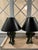 Neo- classical metal lamps with weathered verde green metal finish. Comes in a set of two with black lampshades.