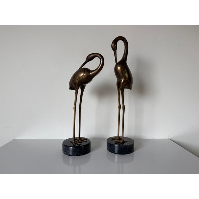 Gold Pair of Life-Size Vintage Brass Crane Sculptures on Black Marble Bases For Sale - Image 8 of 12